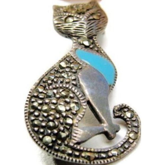 Cat Enamel Marcasite Cluster Heavy Patina Vintage Brooch Sterling Silver 925 - Picture 1 of 9